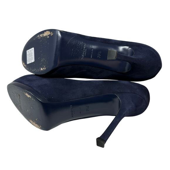 YSL Saint Laurent Tribute Pumps Womens 38.5 US 8.5 Navy Suede Platform Stiletto - Picture 7 of 12